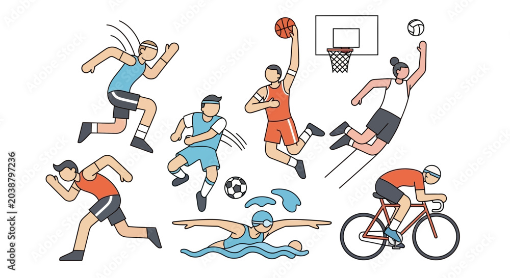 Fototapeta premium Set of diverse people engaging in various sports activities illustration.