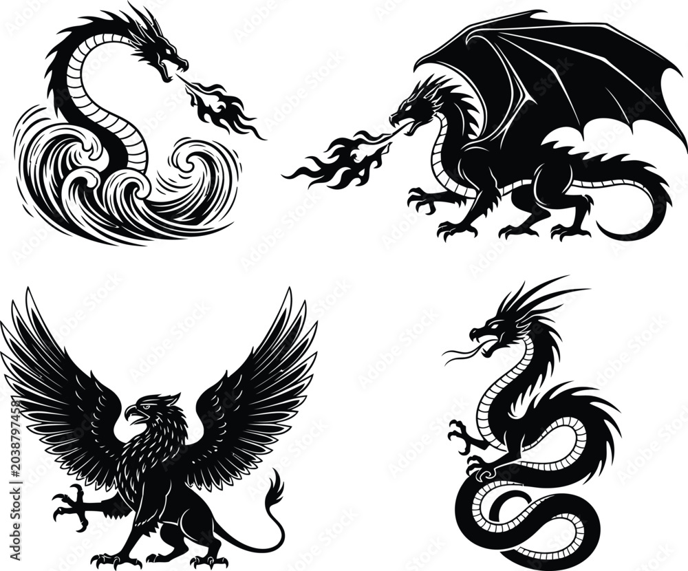 Fototapeta premium Silhouette dragon and griffin set of mythical creatures in black and white