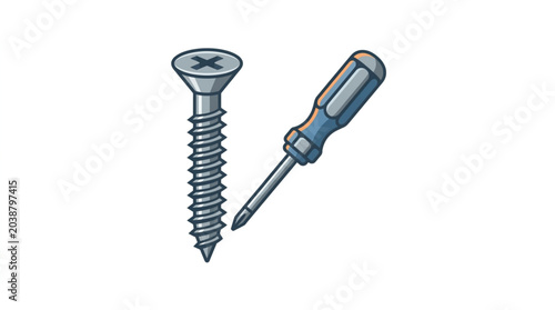 Photography Metal Screw and Screwdriver Tool Illustration.