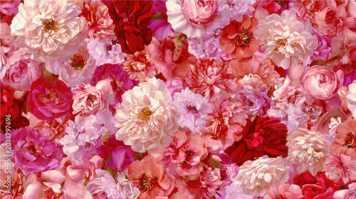 Dense arrangement of richly colored blossoms creates a vibrant floral texture.