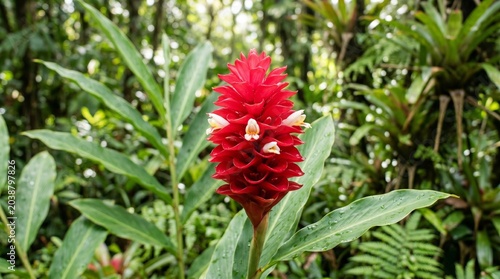 Purple Alpinia (Alpinia purpurata). Close-up of bright red inflorescence of alpinia with small white flowers in dense wet thickets of rainforest.