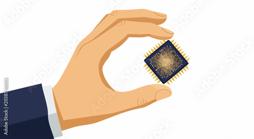 Illustration of a Hand Holding a Computer Microchip, Semiconductor Technology and AI Innovation Concept