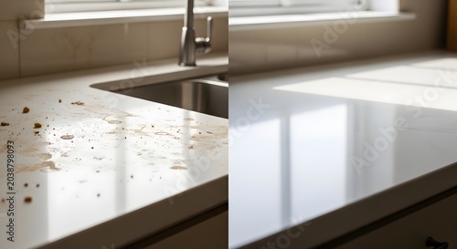 Before and after kitchen countertop cleaning with dirty and clean surfaces