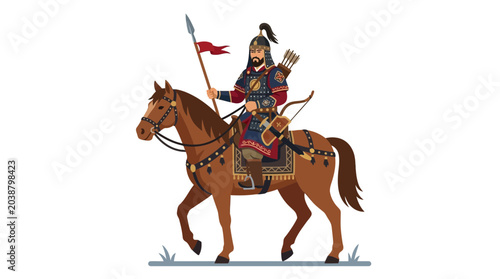 Slika na platnu Ancient Mongol warrior riding a horse holding a spear with traditional armor