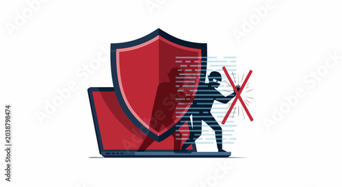 Cybersecurity Concept Illustration: Shield Protecting Laptop from Hacker Intrusion