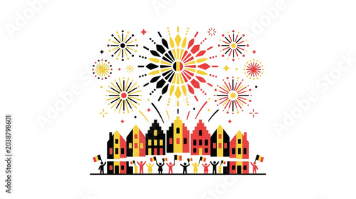 Belgium National Day Celebration with Fireworks and Traditional Houses.