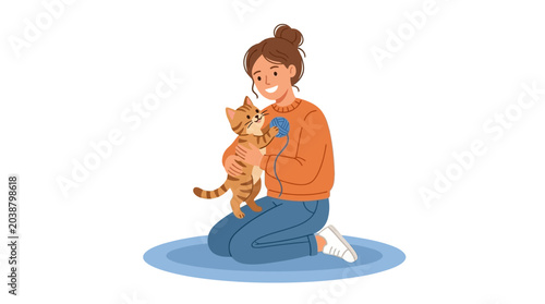 Cuadro en lienzo A young woman lovingly holding and hugging her cute orange tabby cat
