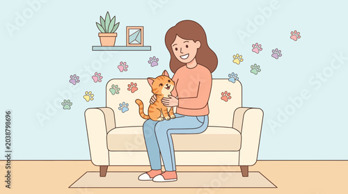 Fotografie A young woman sits on a sofa petting her cute orange tabby cat.