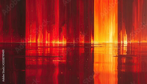 Abstract Fiery Red and Orange Vertical Light Streaks Reflection.