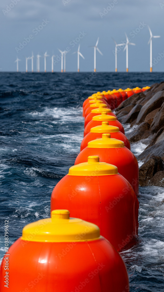 Obraz premium Offshore wind farm ocean breakwater buoy wave coastline renewable energy climate change adaptation along rocky breakwater with orange buoy line