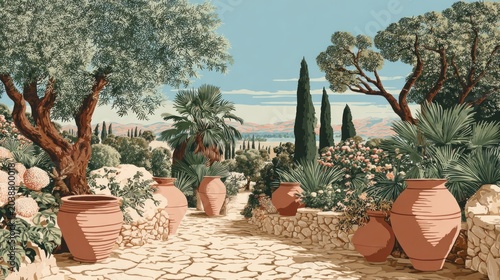 Lush Mediterranean landscape features a stone pathway lined with terracotta urns and diverse foliage under a bright sky