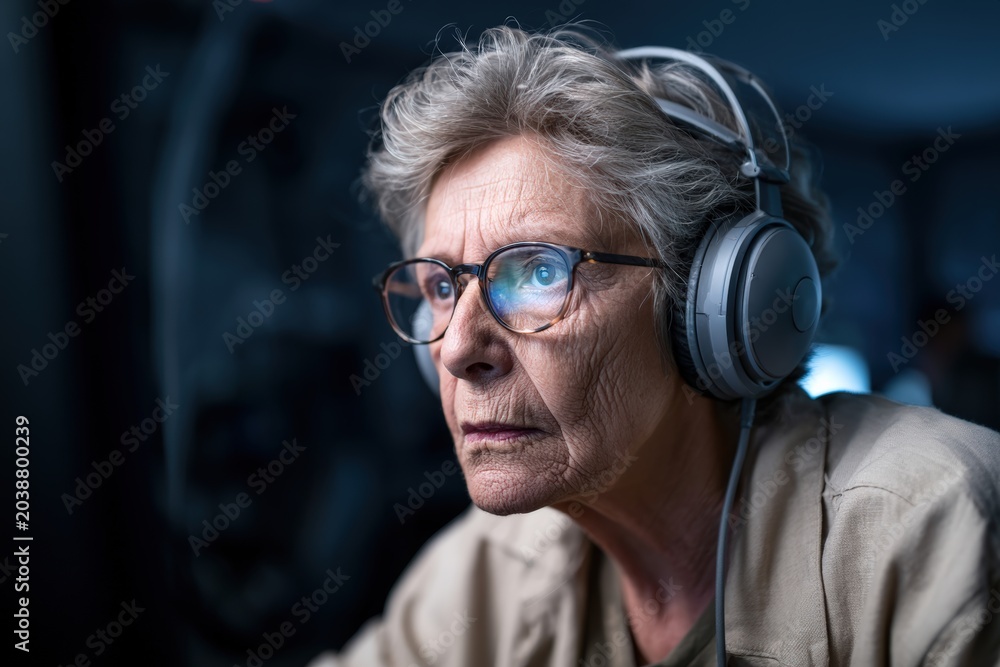 Obraz premium Focused senior woman wearing headphones using computer indoors at night