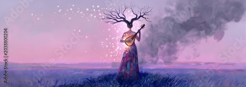Tree Head Elf Playing Fantasy Musical Instrument