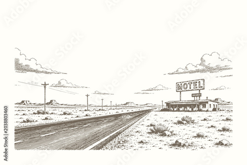 Konstfotografi Desert roadside motel vector illustration with highway scenery in detailed vinta