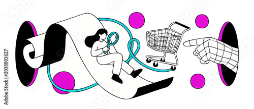Photos Online shopping search concept illustration of the woman holding magnifying glass analyzing products next to shopping cart pointing digital hand and abstract geometric shapes in modern line art style