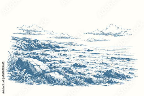 Tableau sur toile Coastal shoreline landscape vector illustration with rocky beach and ocean waves