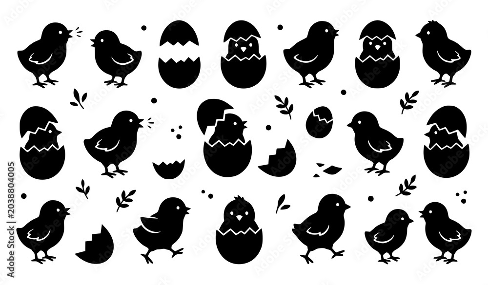 Fototapeta premium Black chick and cracked egg silhouette set isolated on white background