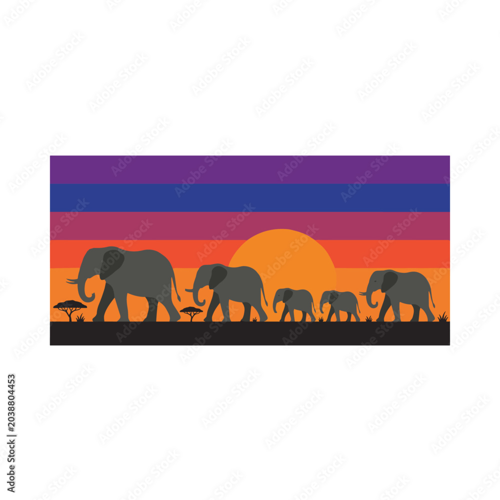 Fototapeta premium Herd of elephants walking during sunset in African savanna