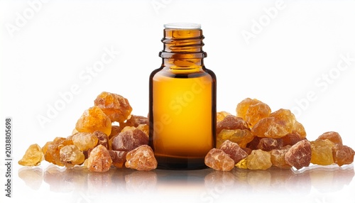 Natural Frankincense Essential Oil In Amber Glass Bottle With Resin Stones On Isolated On White Or Transparent Background