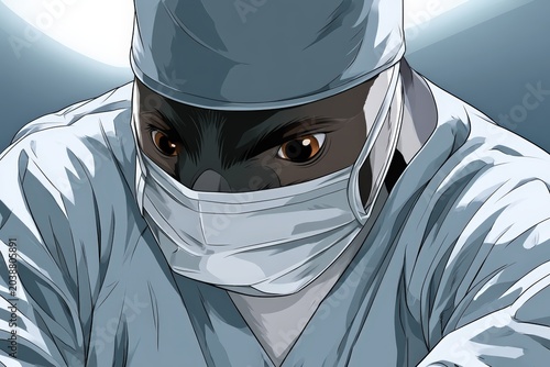 Focused surgeon in scrubs and mask performing operation indoors