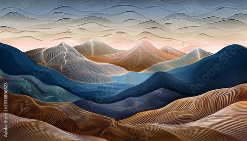 Serene Mountain Landscape Abstract Beige Brown Blue Layered Range Illustration