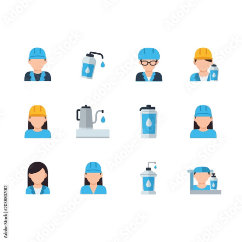 Workers in blue uniforms and hard hats.