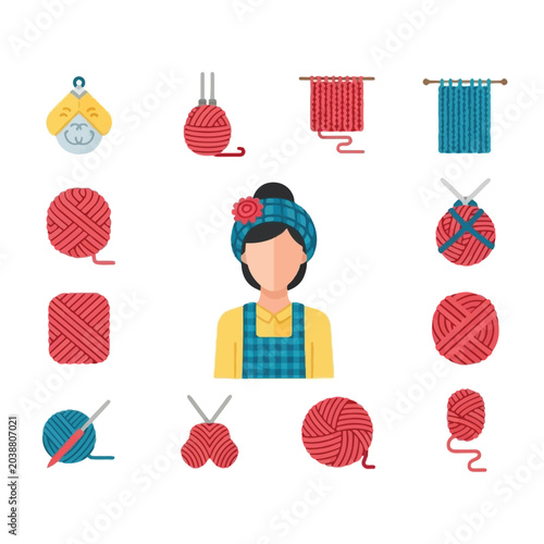 Woman with yarn balls and knitting.
