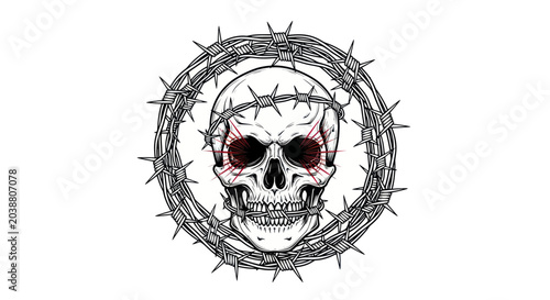 Schilderij op canvas Barbed Wire Circle Around Skull with Red Eyes