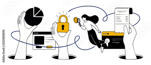 Data security audit vector illustration of business woman analyzing online financial reports and website safety metrics, showcasing compliance, modern data analytics, and digital protection concept.