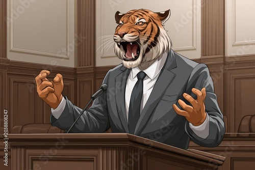 Tiger-headed businessman speaking passionately at courtroom podium