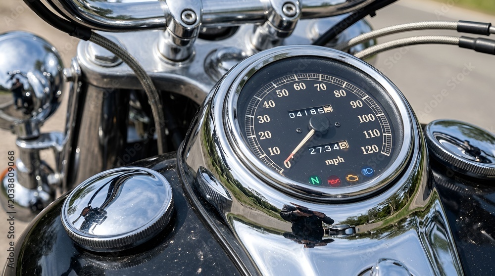 Fototapeta premium Shiny Motorcycle Speedometer & Handlebar Close-up