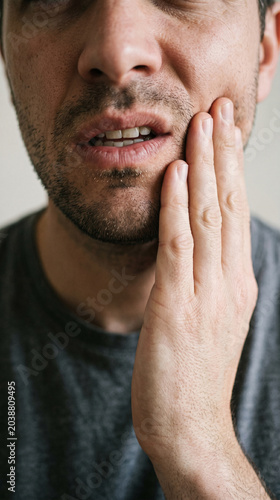 Man Suffering from Toothache or Jaw Pain Holding His Cheek in Discomfort