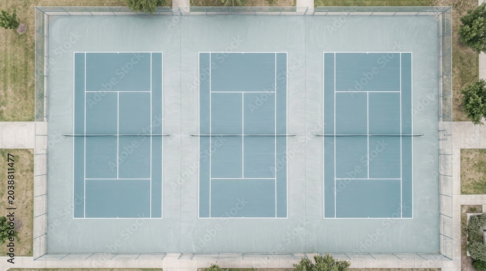 Fototapeta premium Aerial View of Three Tennis Courts Surrounded by Greenery