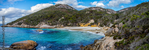 Bild auf Leinwand Panoramic view of Little Beach turquoise waters white sand and granite hills in
