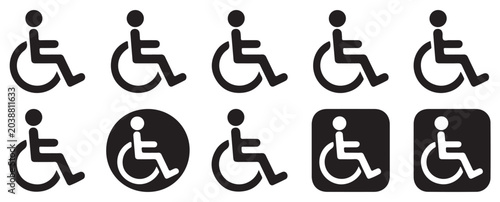 Collection of wheelchair access pictograms for accessibility signage and interface design needs.