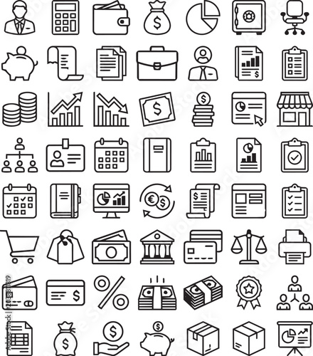 Professional Office And Business Management Icon Collection Featuring Finance Analytics Documents Banking Corporate Workflow And Ecommerce Symbols Editable Line Vector Set