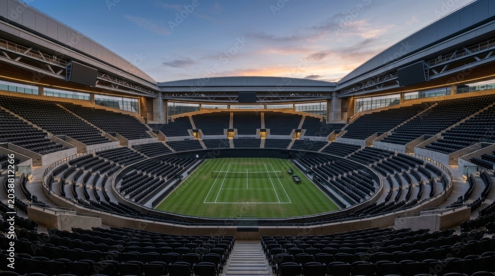 Fototapeta premium Modern Tennis Stadium with Empty Seats and Vibrant Sunset Sky