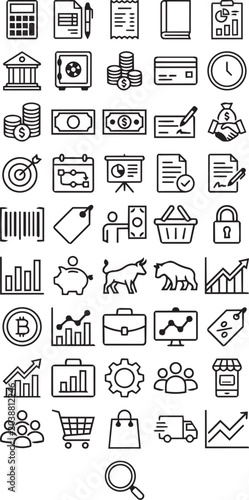 Business Finance And Ecommerce Outline Icon Set With Banking Investment Shopping Analytics Sales Growth And Market Symbols Editable Vector Collection For Mobile App Website Dashboard And Corporate Des