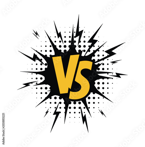 Photos Versus Symbol on Abstract Burst: A vibrant graphic illustration depicting a VS symbol surrounded by energetic bursts and halftone dots, representing competition or a challenge