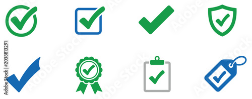 Photos Set of Checkmarks: A collection of stylized checkmark icons signifying approval, confirmation, and validation