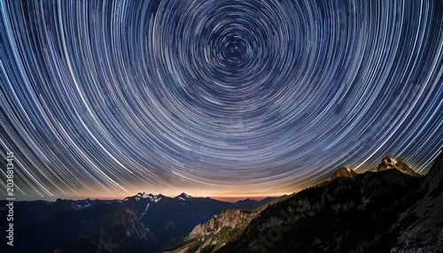 Stars Tracks Mountains Circle Sky Night