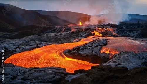 Molten Lava Flowing Through Cracked Earth A Fiery Geological Display