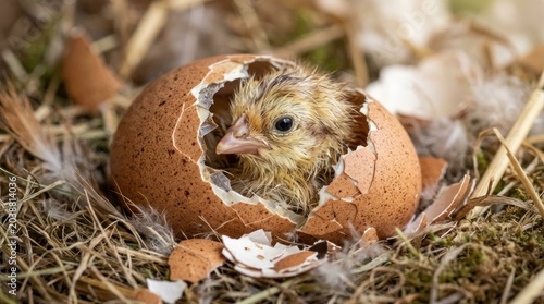 A tiny quail chick emerges from a cracked brown eggshell. The chick is nestled in a bed of straw and dried leaves.