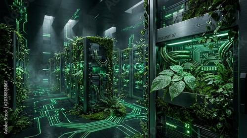 Green Sustainable Data Center with Plants Growing on Server Racks for Eco Friendly Future Technology Concepts