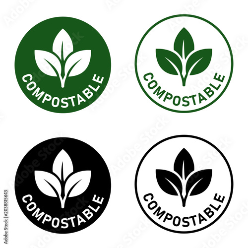 Compostable Leaf Eco Badge Icon Set Green and Black Vector Illustration