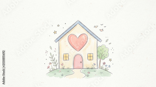 A cute, hand-drawn watercolor illustration depicts a charming house with a pink door and a heart-shaped window. The house is surrounded by a grassy landscape with flowers and trees.
