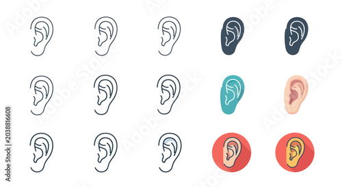 Photos Set of Ear Icons and Illustrations, Medical and Auditory Concepts
