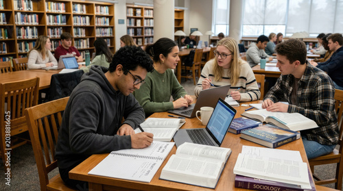 Several students are studying together in a library. A group of young adults are seated around a table, using laptops and textbooks.