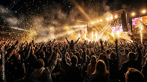 Excited crowd of fans at outdoor music festival with golden confetti and stage lights at night
