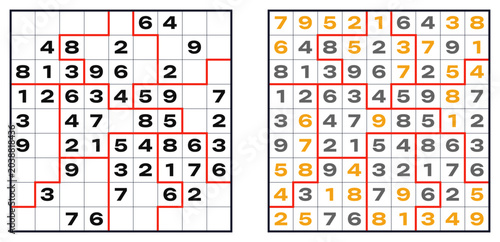 Fotografía Sudoku-jigsaw puzzle with highlighted clues and numbers for kids